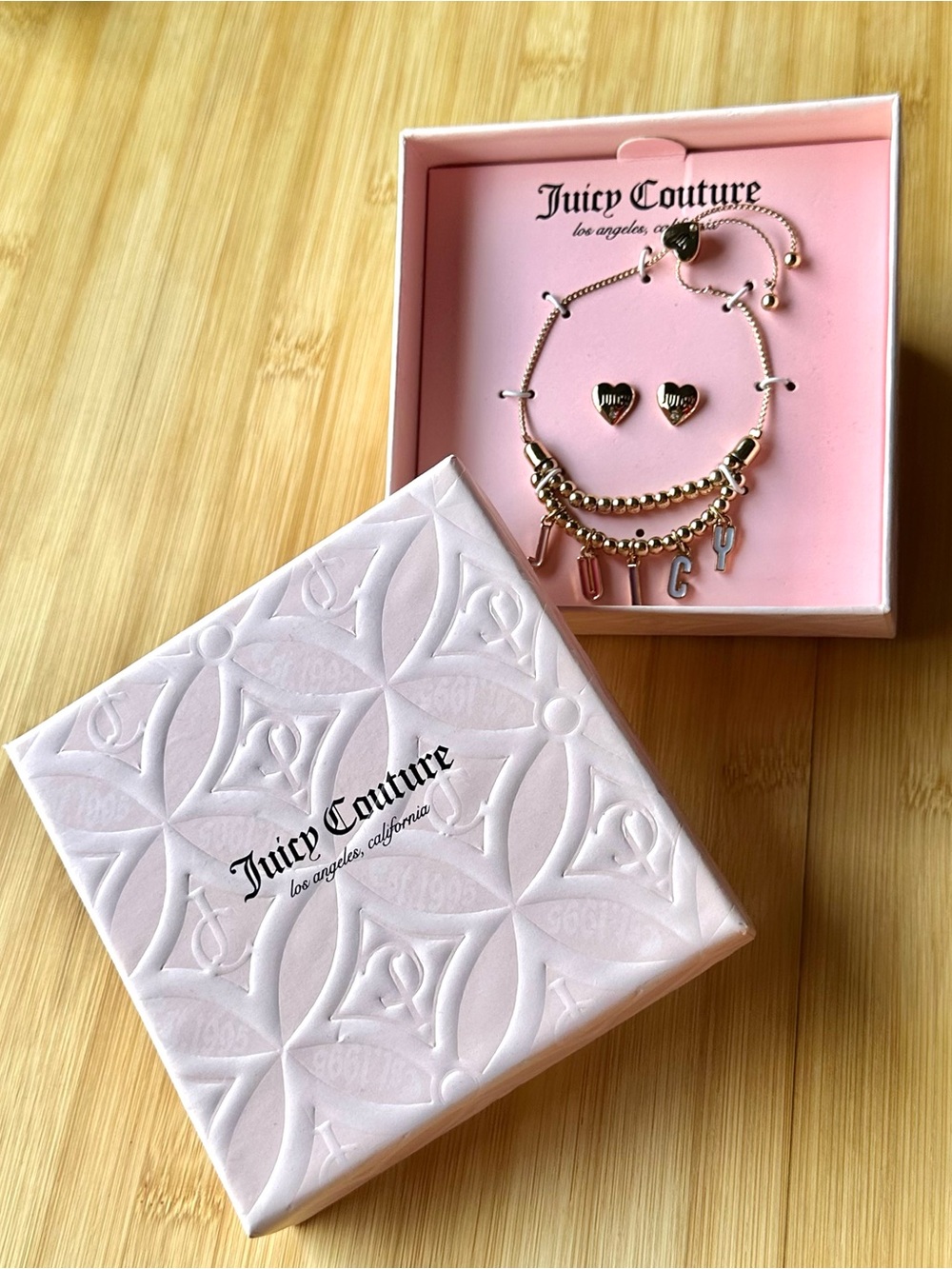 Juicy Couture Rose Gold Heart Charm Bracelet and Earring Set NEW in BOX